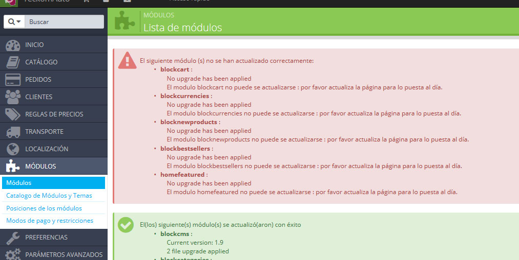 Módulos a actualizar